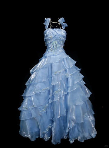 Niulatu Light Blue Organza Long Ball Gowns Beaded Appliqu¨¦s Tiered Bridal Gowns Cute Quinceanera Dress HZ1031